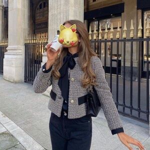 Zara Women's Black and Gray Tweed Jacket